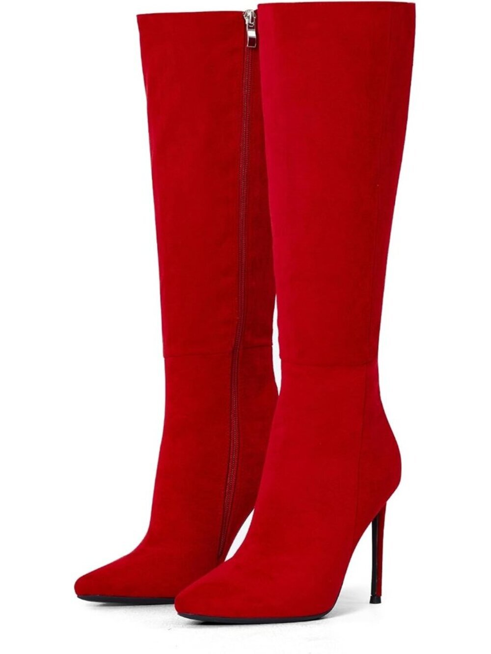 Women's 4 inch Knee High Long Boots Stiletto Tall Pointed Toe Heeled Boot Red